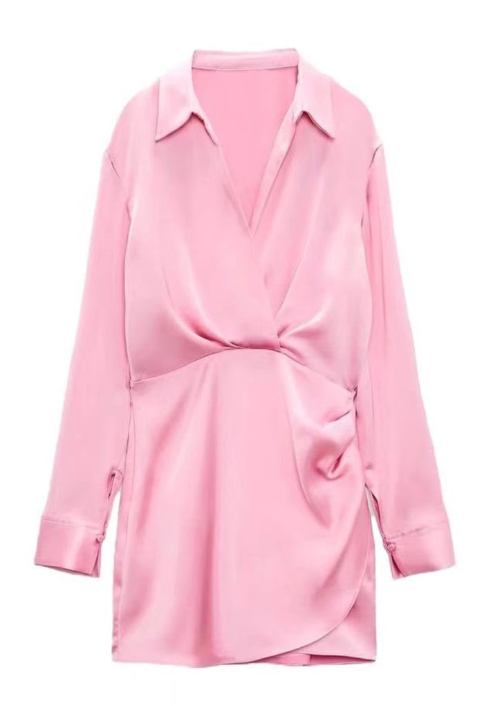 V-Neck Ruched Front Satin Shirt Dress in Pink