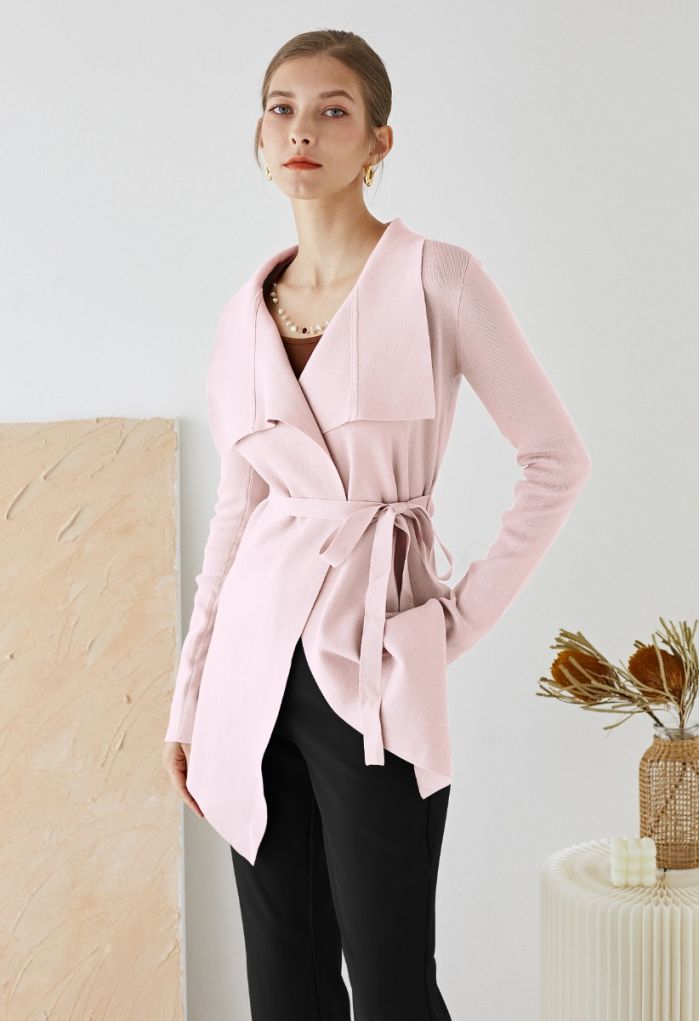 Wide Lapel Tie Waist Knit Cardigan in Pink