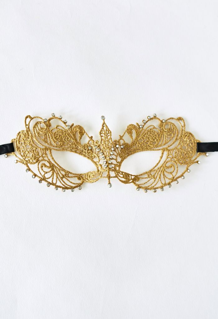 Zircon Trim Lace Ball Mask in Gold