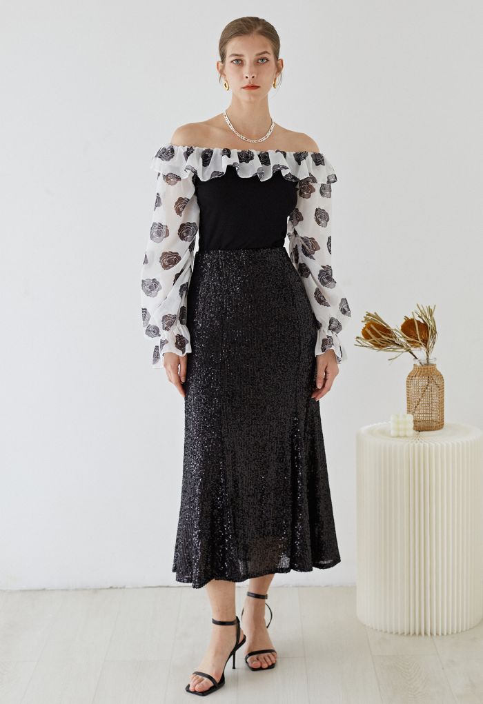 Glitter Sequins Trim Mermaid Midi Skirt in Black
