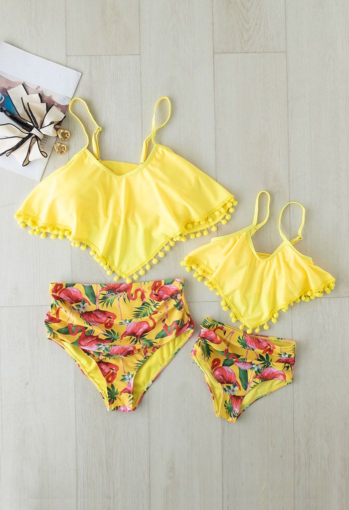 Flamingo Print Cute Ball Trims Bikini Set for Mommy & Kids