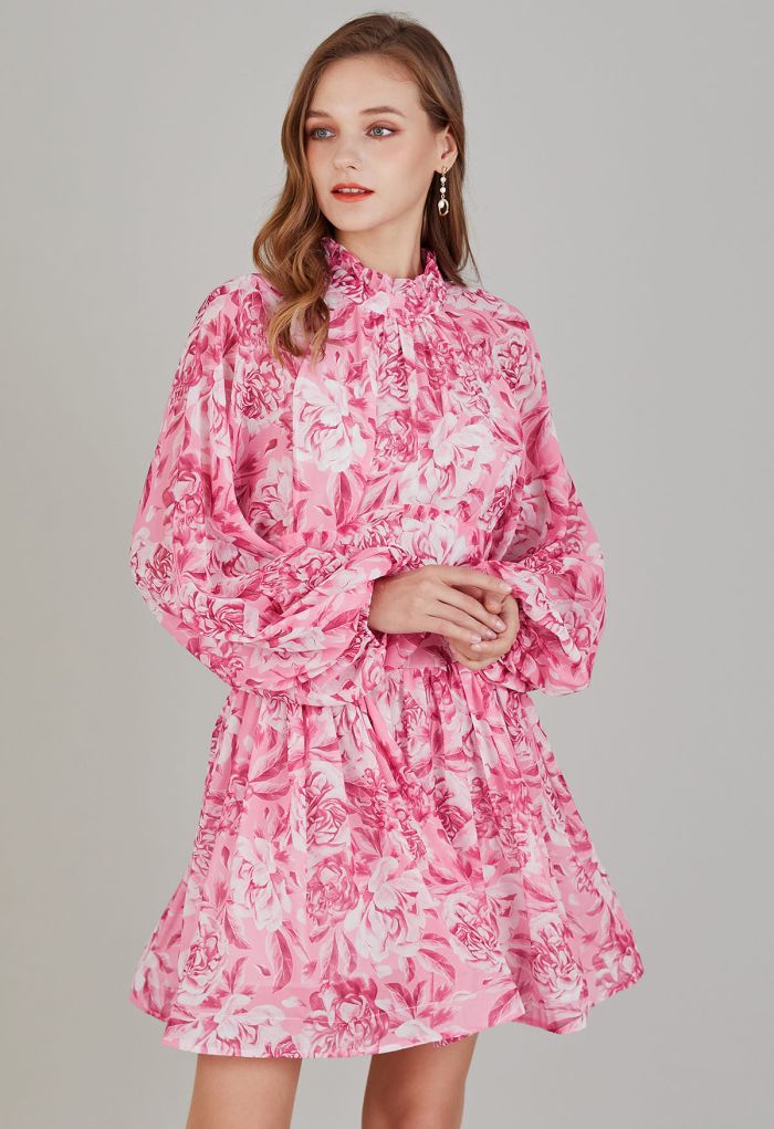Cutout Back Floral Bubble Sleeve Frilling Dress in Pink