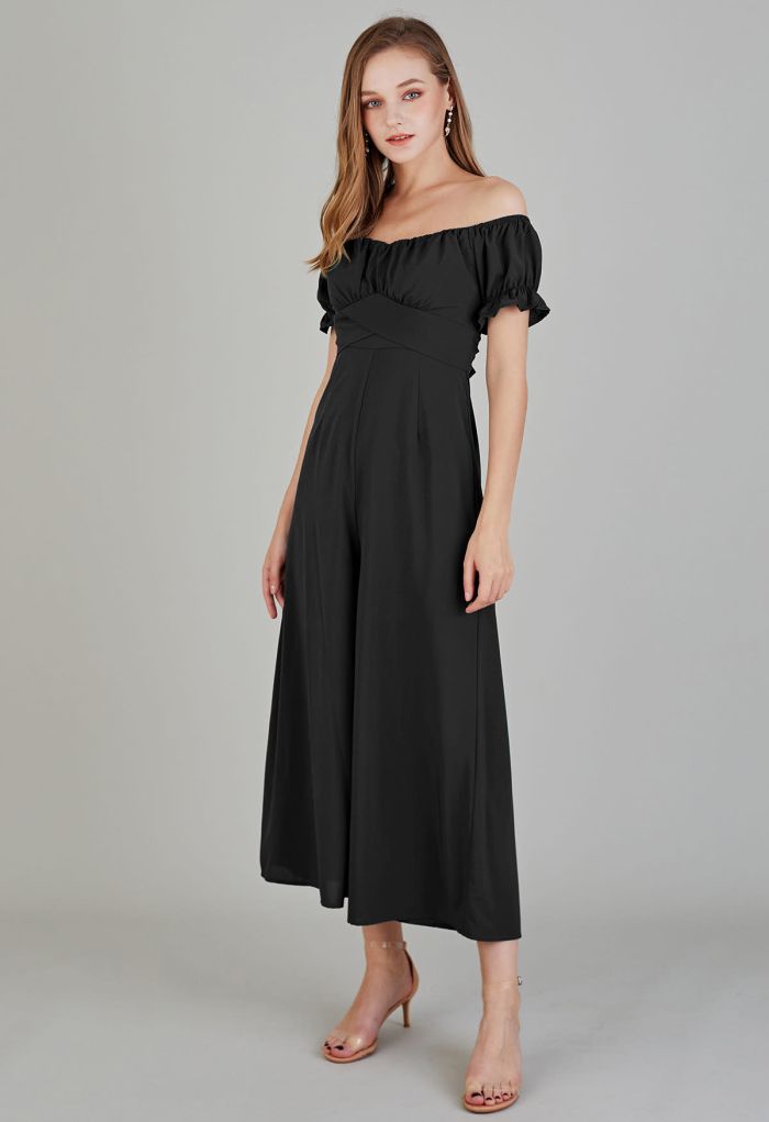 Breezy Off-Shoulder Tie Back Crop Jumpsuit in Black