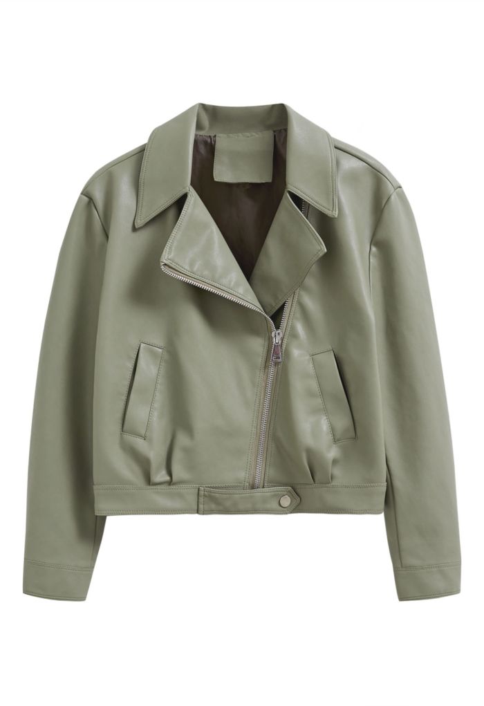 Diagonal Zip Up Faux Leather Jacket in Olive