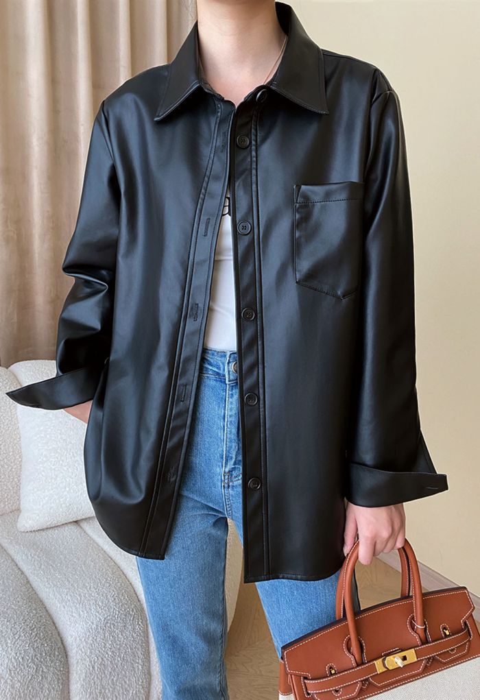 Casual Chic Faux Leather Shirt Jacket in Black