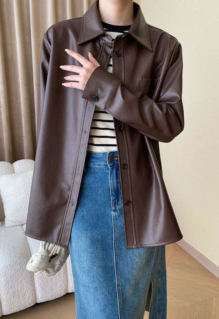 Casual Chic Faux Leather Shirt Jacket in Brown