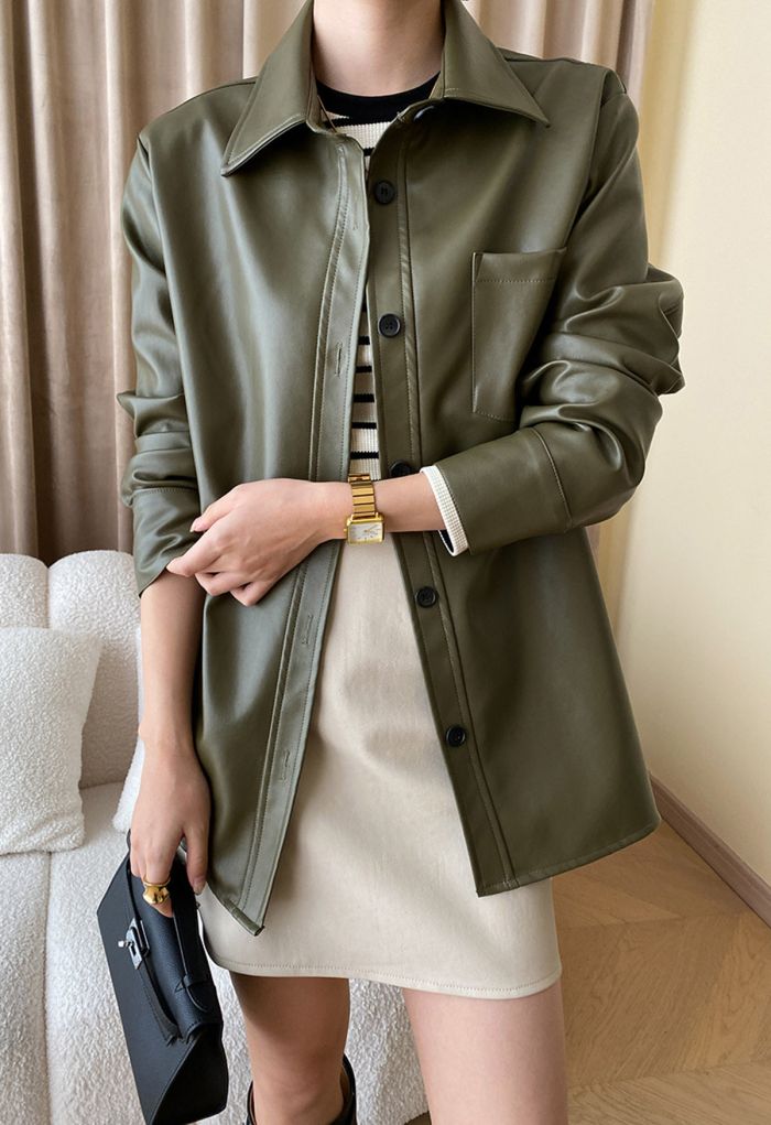 Casual Chic Faux Leather Shirt Jacket in Olive