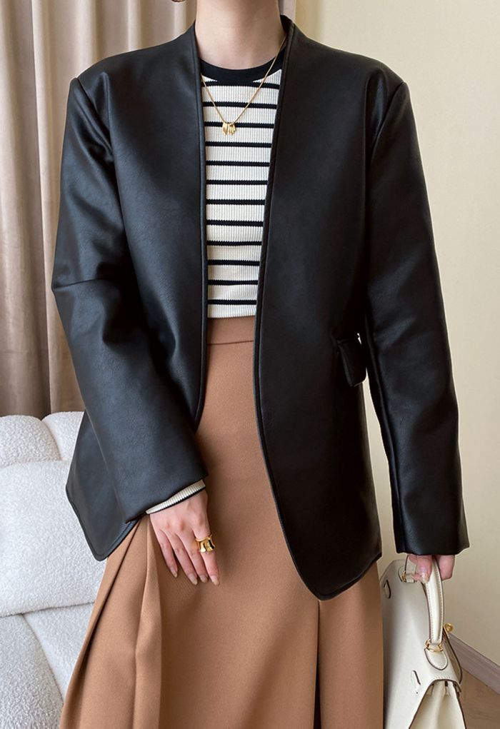 Simplicity Collarless Faux Leather Jacket in Black