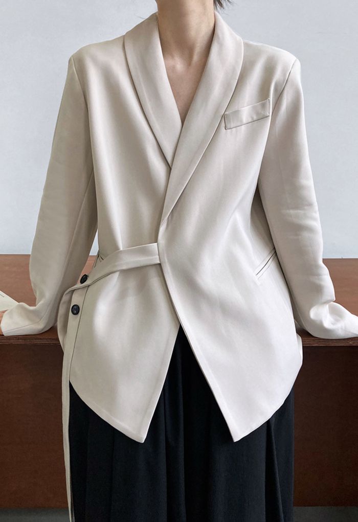 Shawl Collar Buttoned Waist Blazer in Ivory