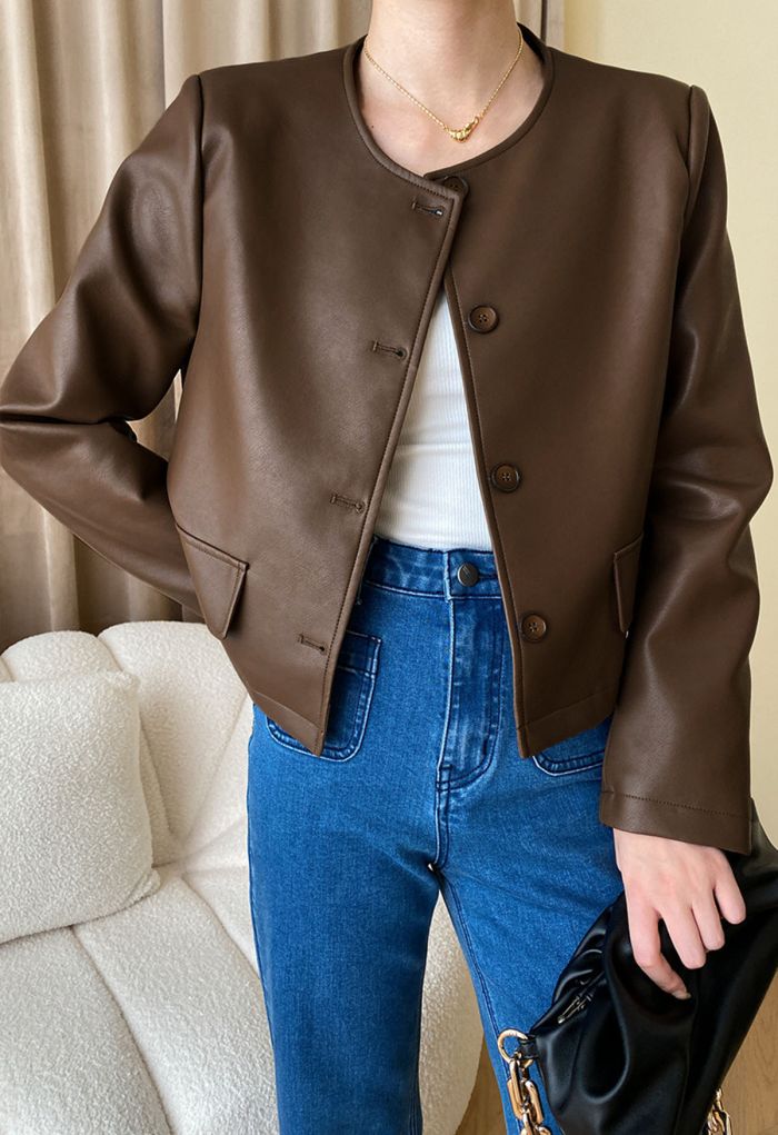 Faux Leather Buttoned Cropped Jacket in Brown