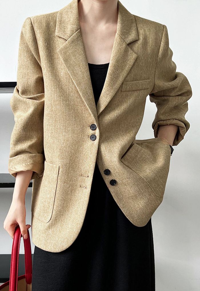 Patch Pocket Woven Texture Buttoned Blazer in Mustard