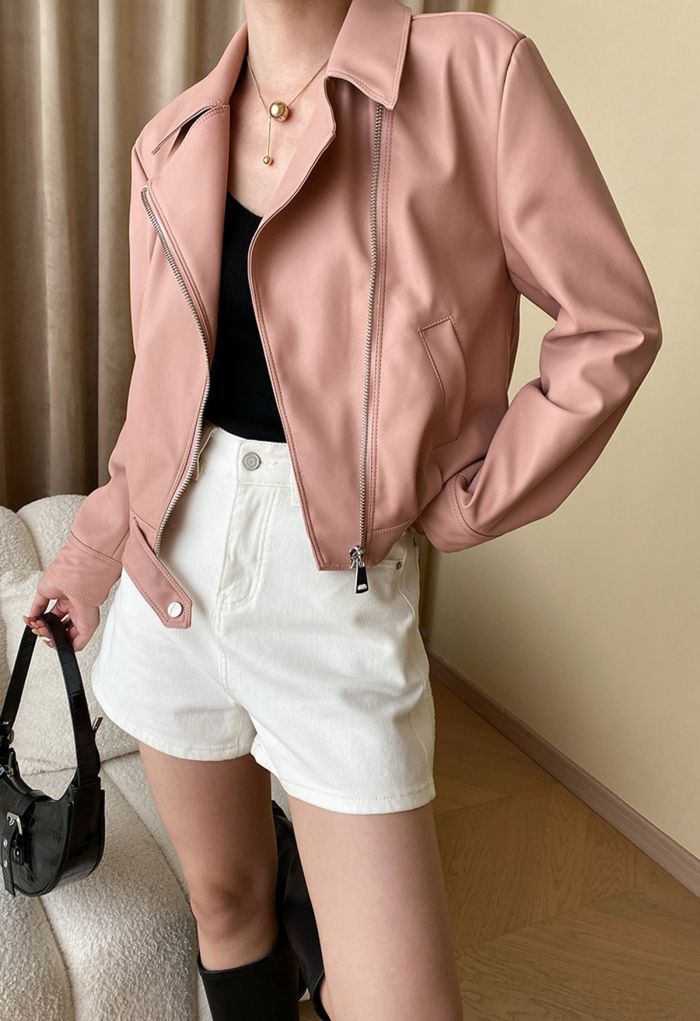 Diagonal Zip Up Faux Leather Jacket in Pink