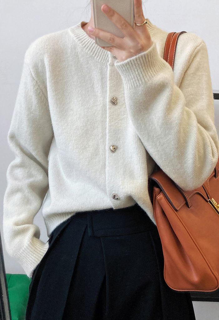 Heart-Shape Button Cropped Knit Cardigan in Ivory