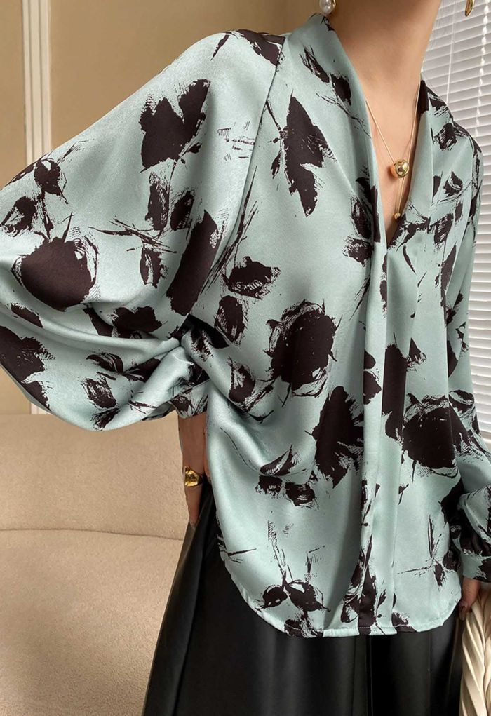 Ink Floral Lantern Sleeve Satin Shirt in Pea Green