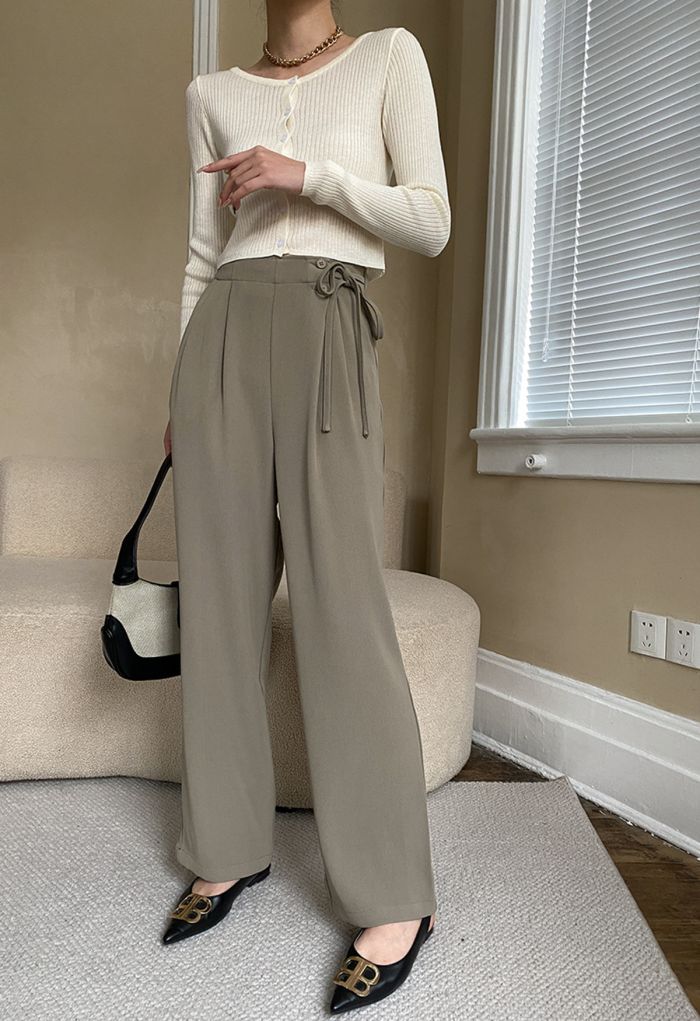 Side Drawstring Pleated Straight Leg Pants in Taupe