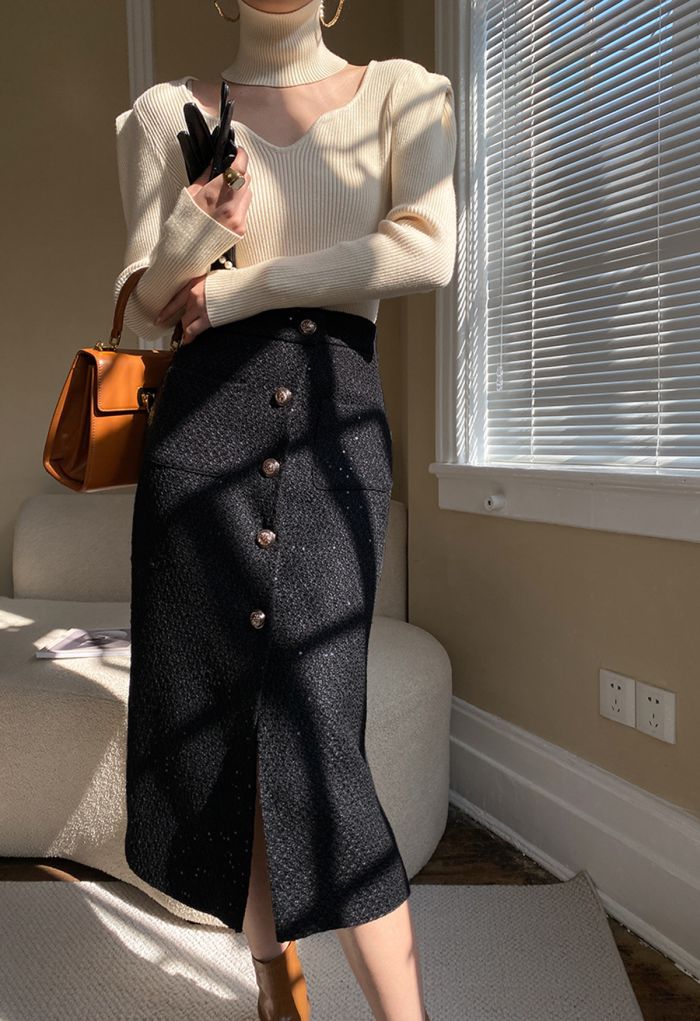 Golden Button Sequined Tweed Pencil Skirt