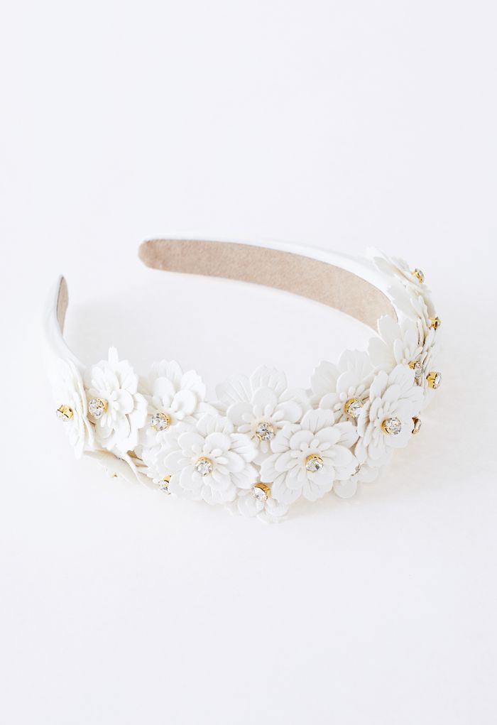 Rhinestone Floral Applique Headband in Ivory
