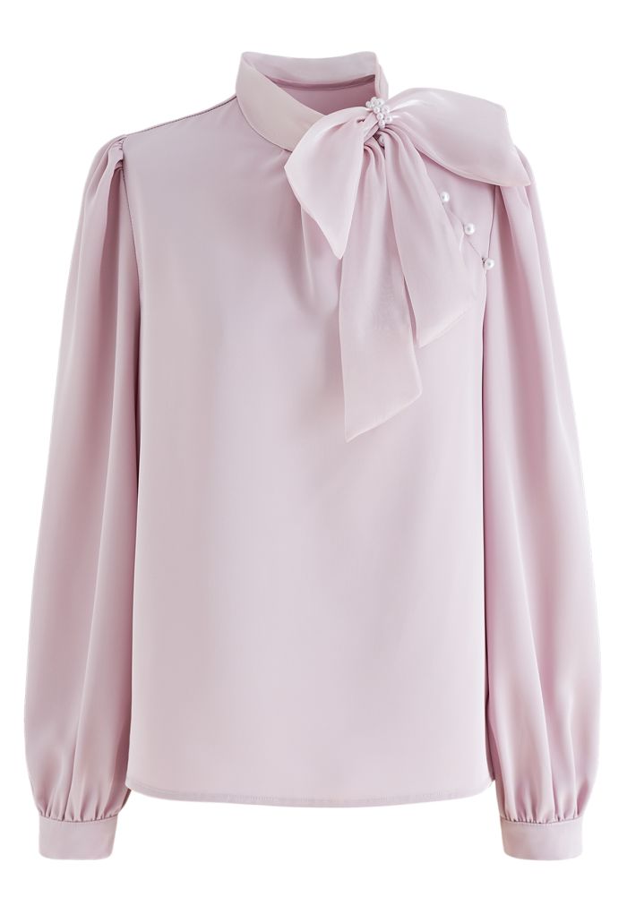 Organza Bowknot Pearl Satin Shirt in Pink