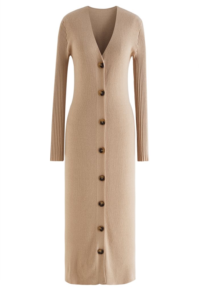V-Neck Button Down Knit Midi Dress in Light Tan