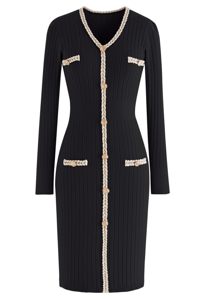 Braided Edge Golden Button Bodycon Knit Dress in Black