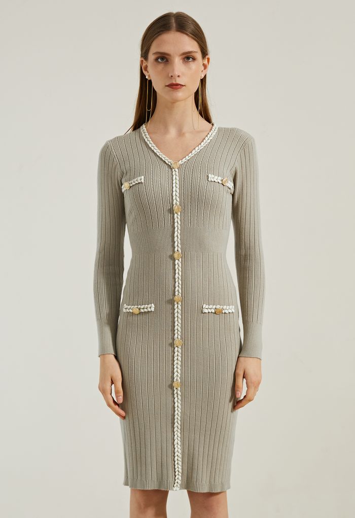 Braided Edge Golden Button Bodycon Knit Dress in Oatmeal