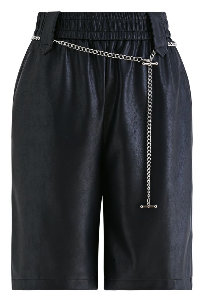 Silver Chain Faux Leather Shorts in Black