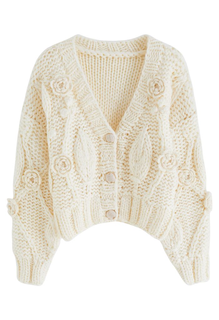 V-Neck Stitch Rose Buttoned Crop Cardigan