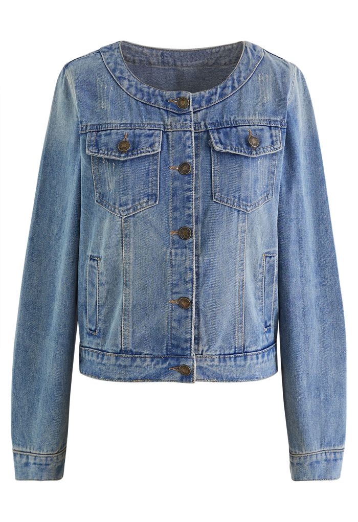 Light Wash Collarless Denim Jacket