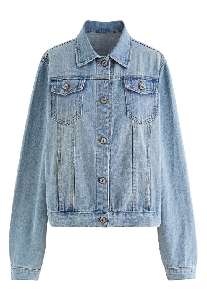 Bust Pocket Collared Denim Jacket in Light Blue