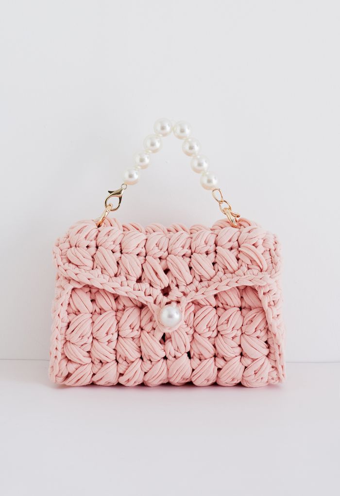 Pearl Chain Braided Chunky Knit Mini Bag in Pink