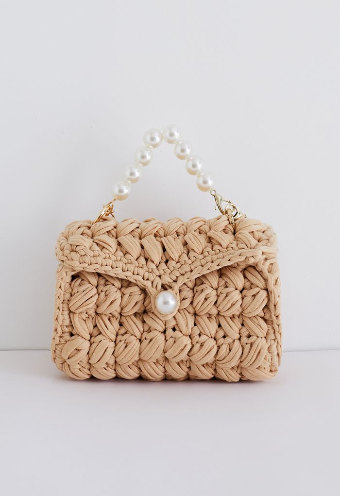 Pearl Chain Braided Chunky Knit Mini Bag in Tan