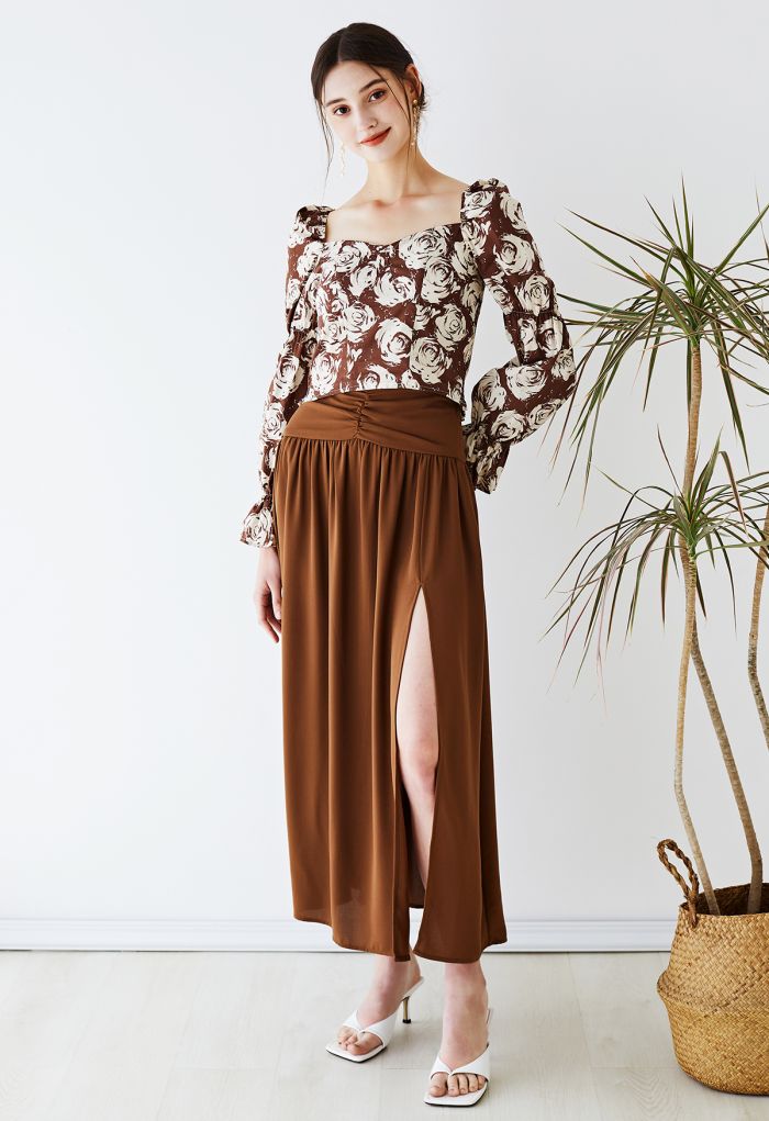 Ruched Waist Slit Maxi Skirt in Brown