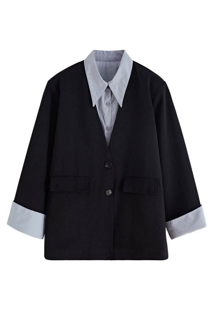 Contrast Fake Two-Piece Blazer in Black