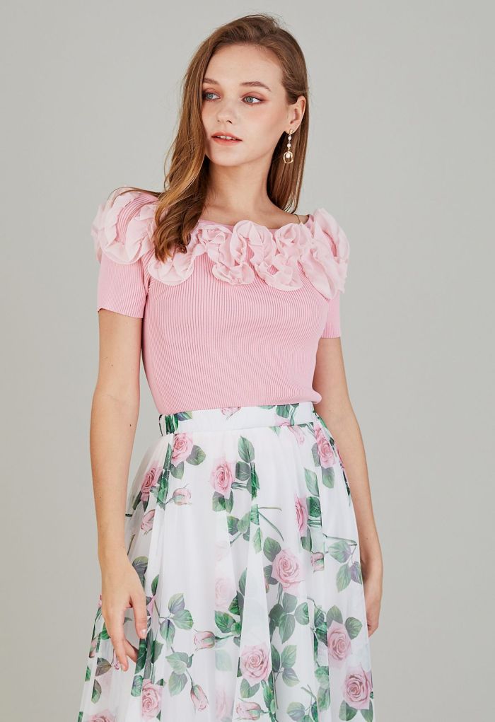 Ruffle Mesh Boat Neck Knit Top in Pink