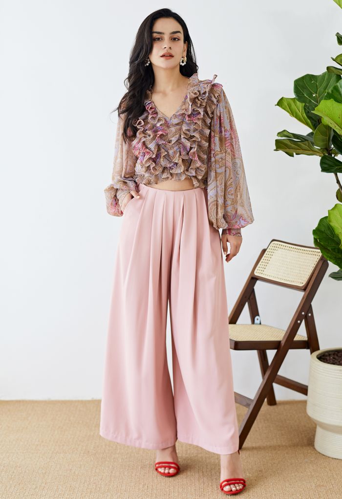 Fanciful Pleats Wide-Leg Pants in Pink
