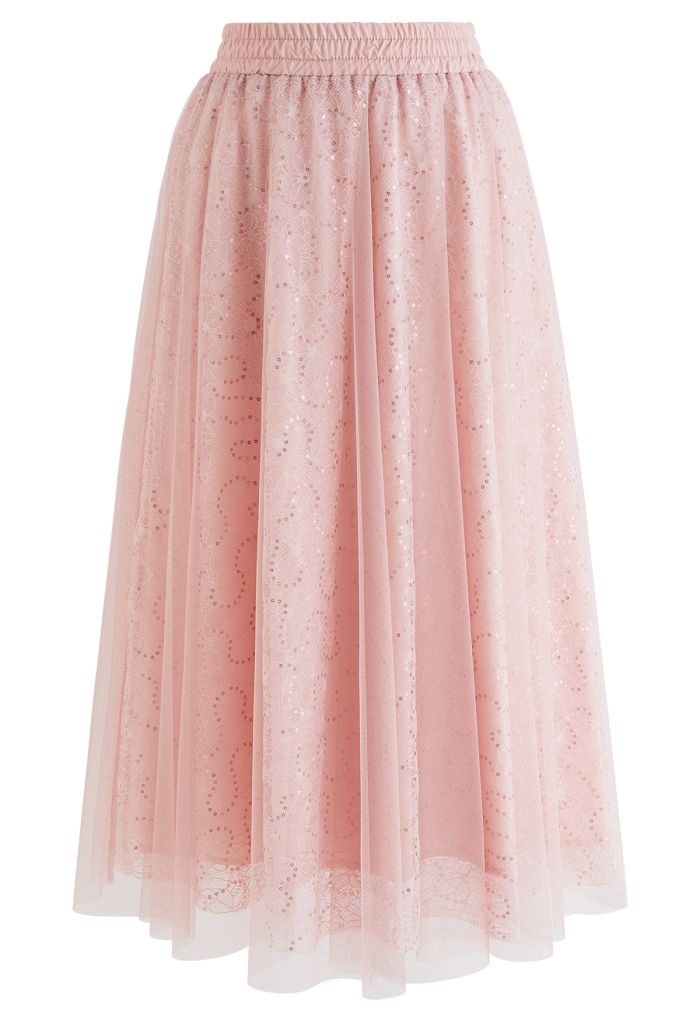 Sequined Floral Lace Mesh Tulle Skirt in Pink