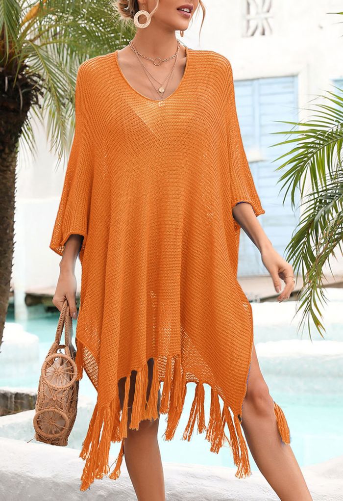 Fringed Hem Pointelle Knit Cover Up in Orange