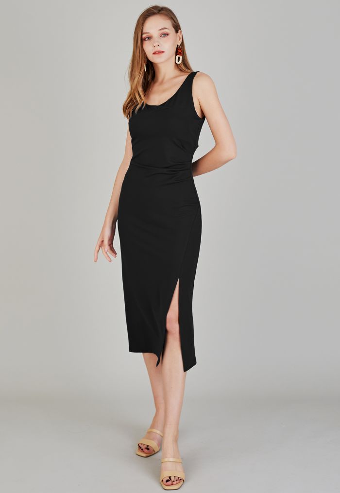 Side Ruched Slit Tank Midi Dress in Black