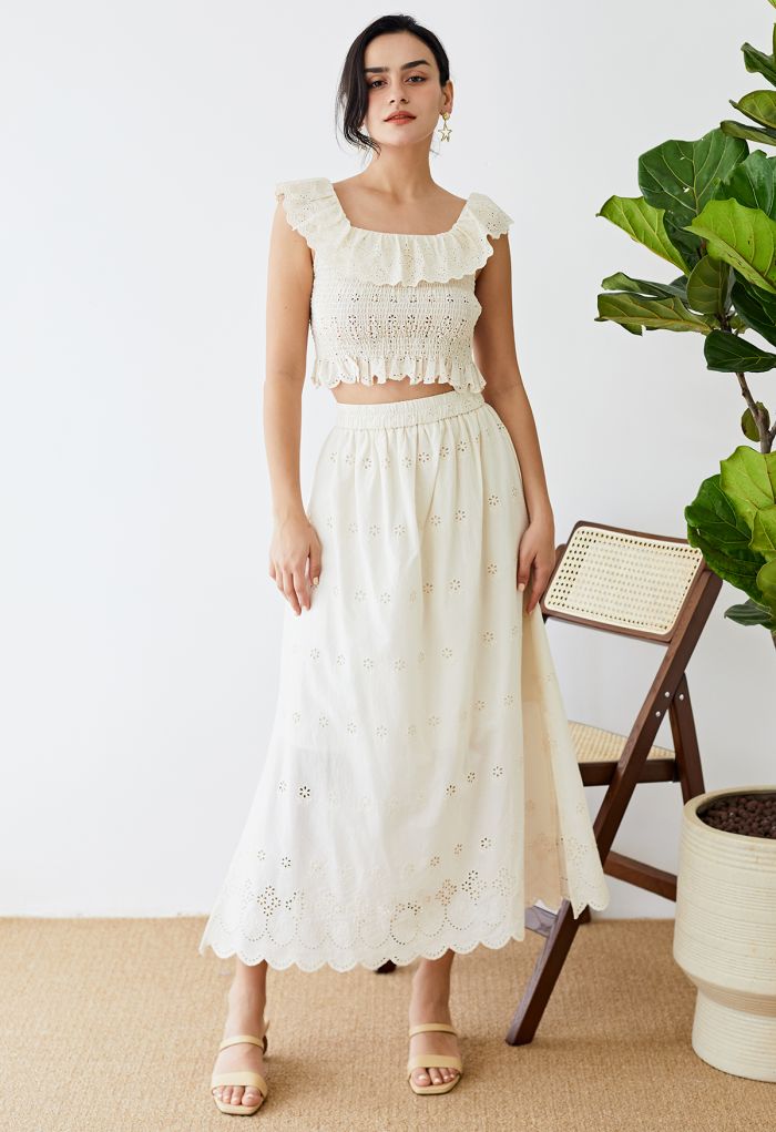 Side Slit Floret Embroidered Eyelet Maxi Skirt in Cream