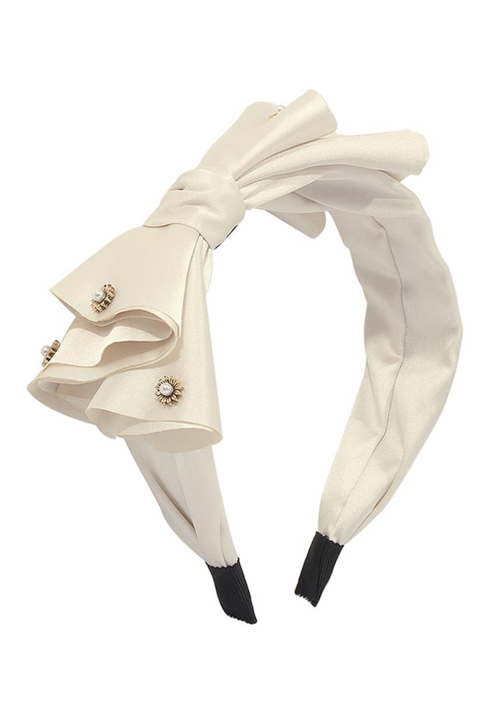 Fancy Bowknot Pearl Satin Headband in Ivory