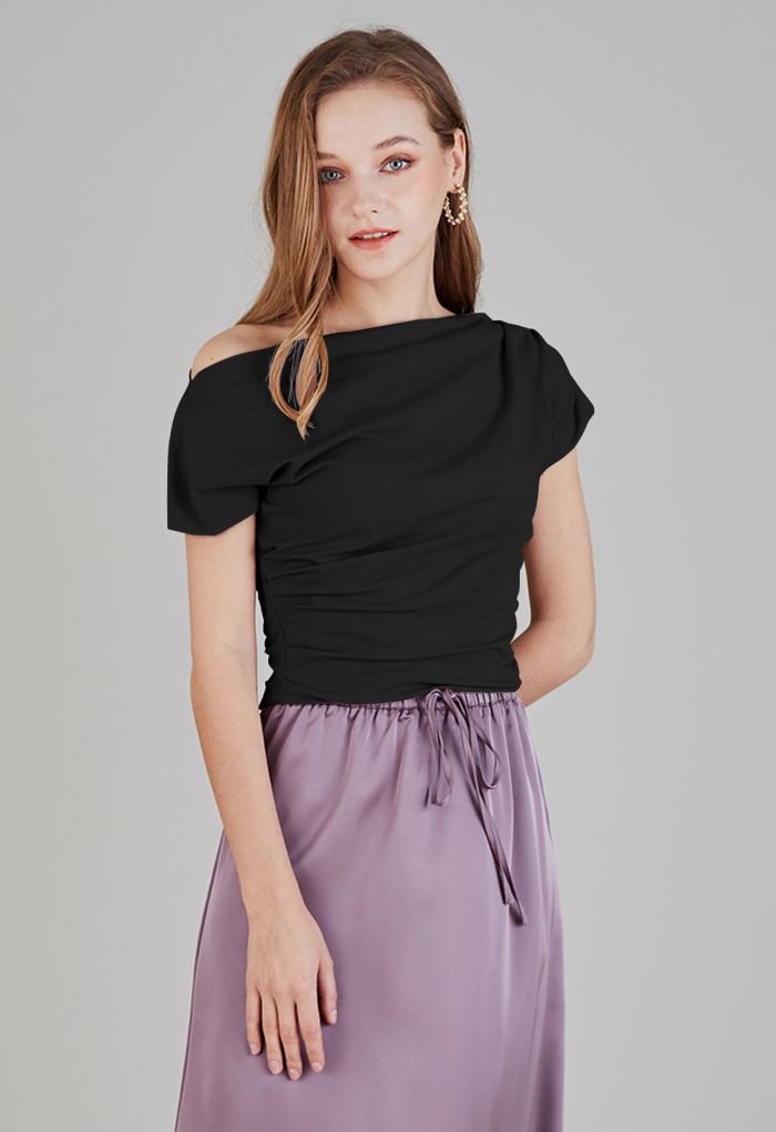Asymmetric Boat Neck Ruched Top in Black