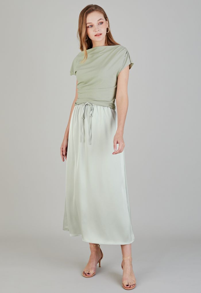 Elastic Drawstring Waist Satin Maxi Skirt in Mint