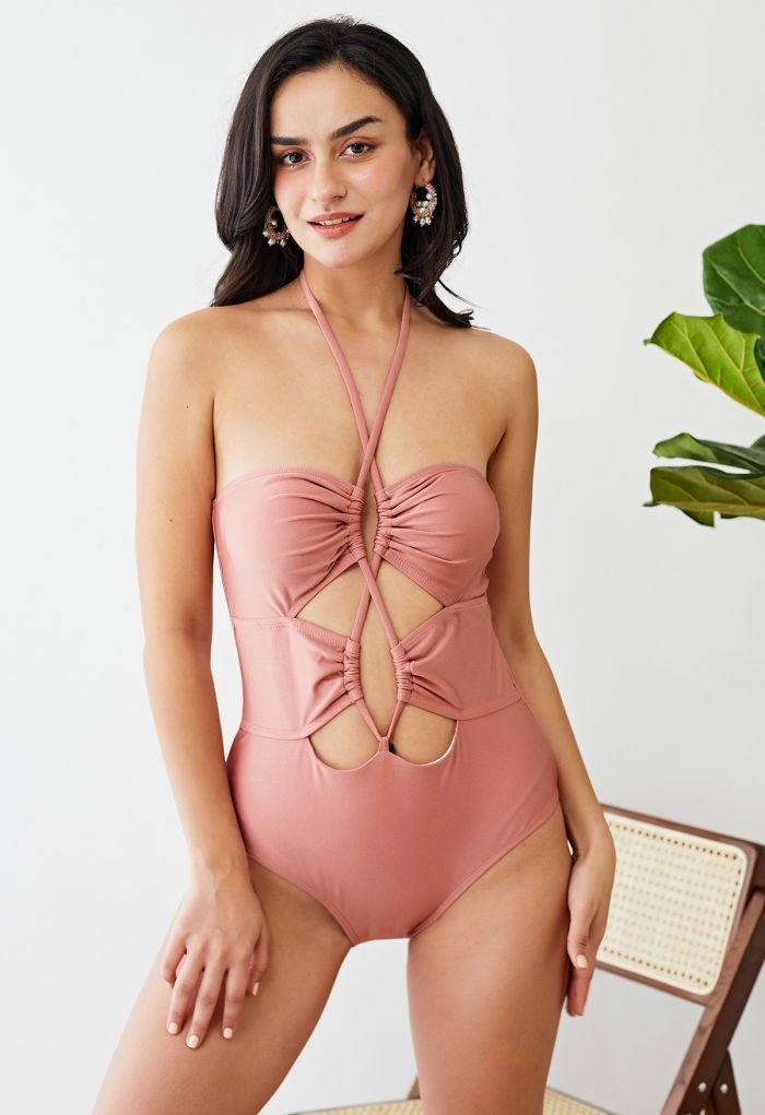 Cutout Crisscross Halter Neck Swimsuit in Pink