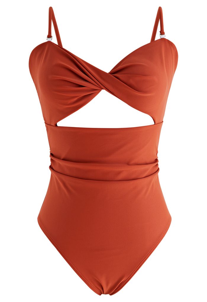 Twisted Front Cutout Swimsuit in Rust Red