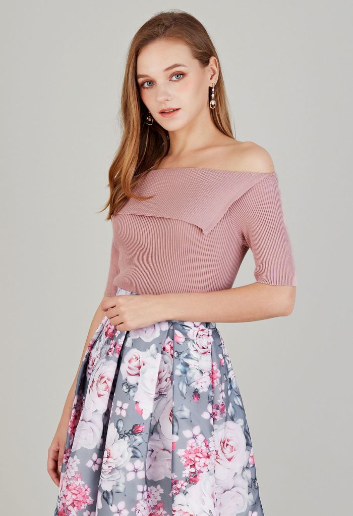 Folded Off-Shoulder Short-Sleeve Knit Top in Pink
