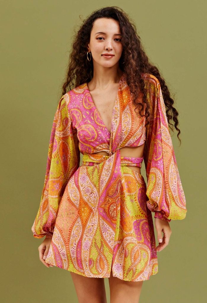 Twisted Cutout Waist Paisley Chiffon Dress