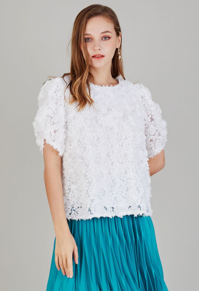 3D Rose Short Sleeve Top in White