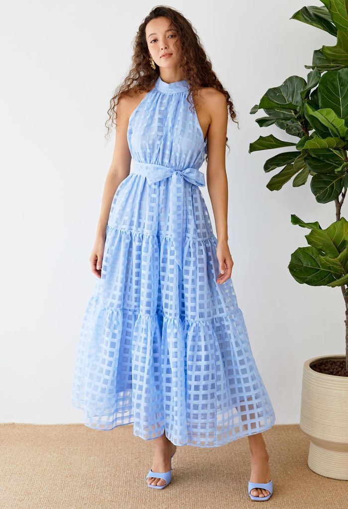 Check Halter Neck Tie Waist Maxi Dress in Blue
