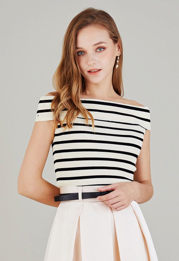 Folded Off-Shoulder Rib Knit Top in Black Stripe