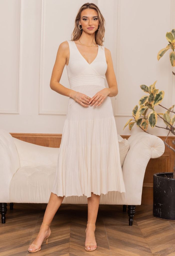 Cut Out Back Faux-Wrap Sleeveless Knitted Midi Dress in Cream